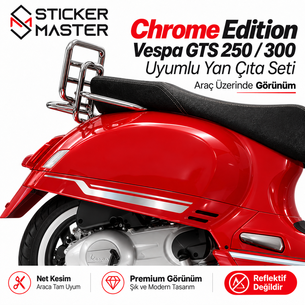 Chrome Edition Vespa GTS 250 300 uyumlu yan çıta şeritleri araç üzerinde yakın plan