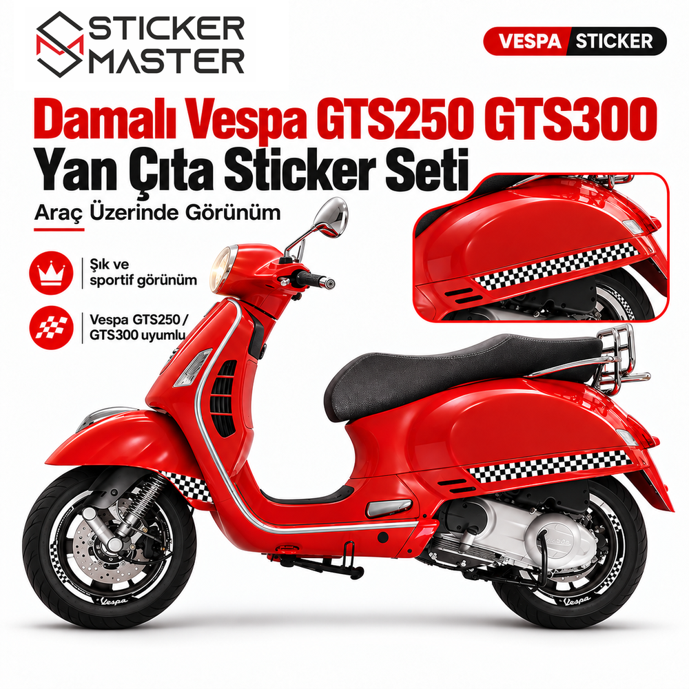 Vespa GTS250 GTS300 damalı yan çıta seti scooter araç üzerinde uygulama görünümü