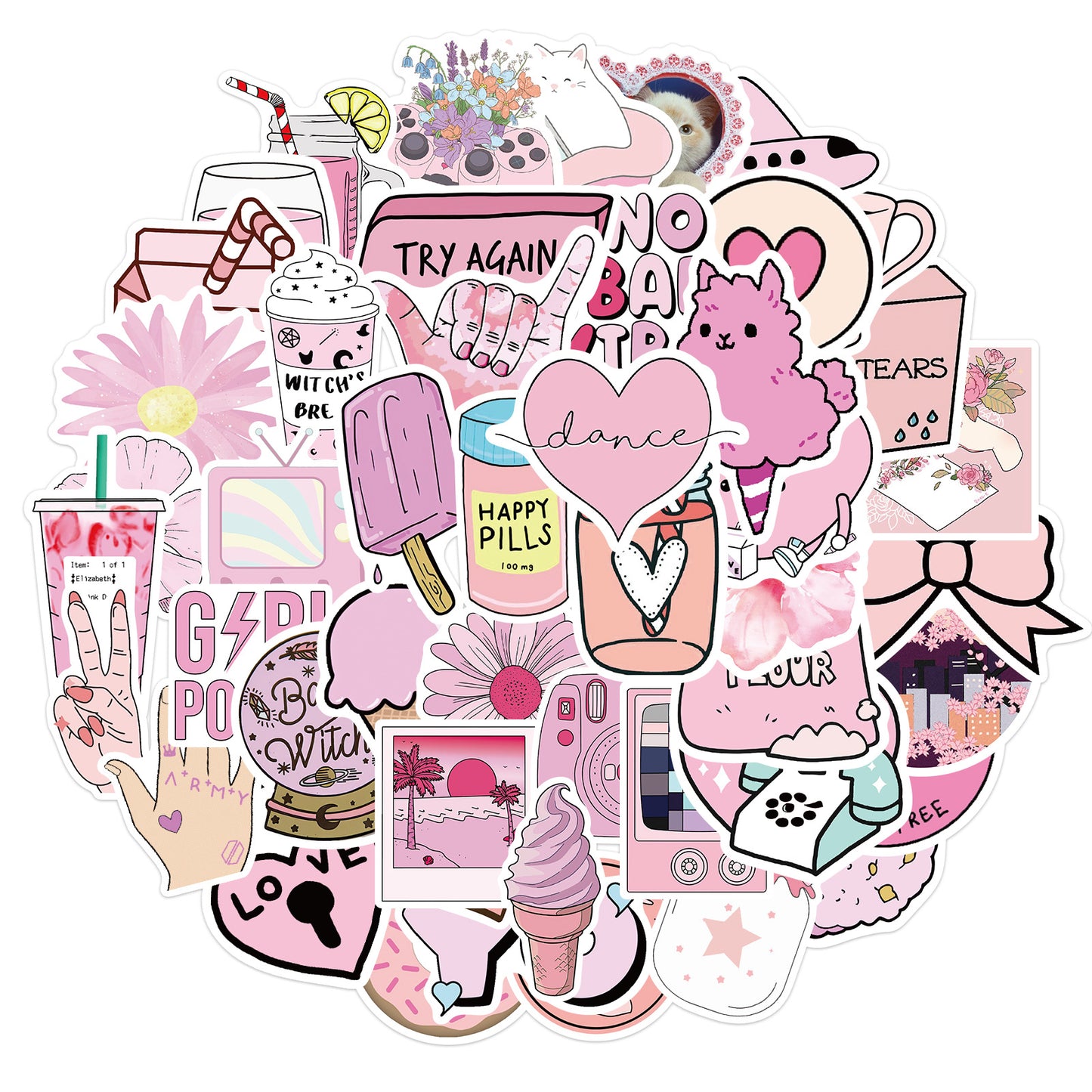 50 Adet Pembe Estetik Sticker Seti Su Geçirmez - Sticker Master