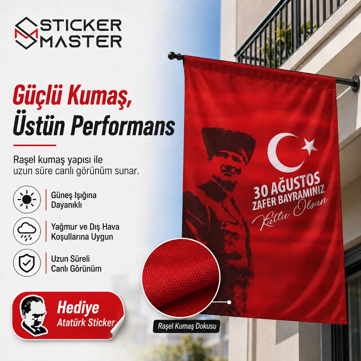 30 Agustos Zafer Bayrami Ozel Ataturk Bayragi – Dayanikli Bez Bayrak | Hediye Ataturk Sticker detay