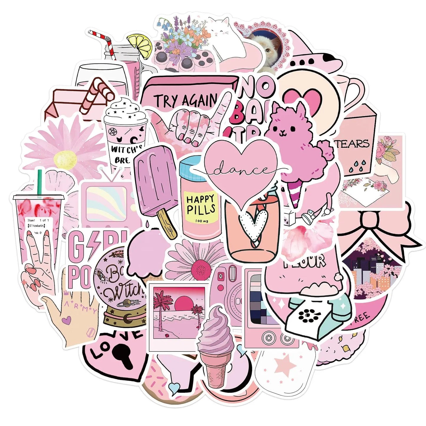 50 Adet Pembe Estetik Sticker Seti Su Geçirmez - Sticker Master - Sticker Master