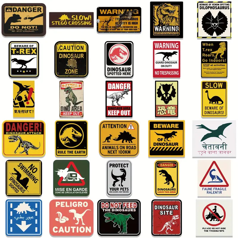 Sticker Master 60’lı Dinozor Uyarı Sticker Seti Laptop, Defter, Bavul ve Daha Fazlası İçin Renkli PVC Etiketler