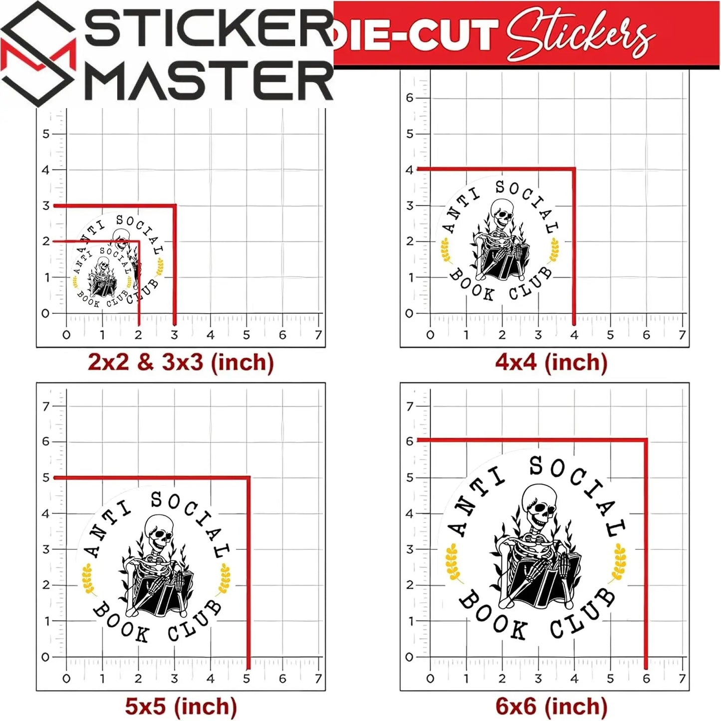 Sticker Master Anti-Social Book Club Skeleton Stickers – 3-Pack of 3-Inch Waterproof Vinyl Decals for Laptop, Water Bottle, Hard Hat, Tool Box & More – Gift for Book Lovers - Sticker Master