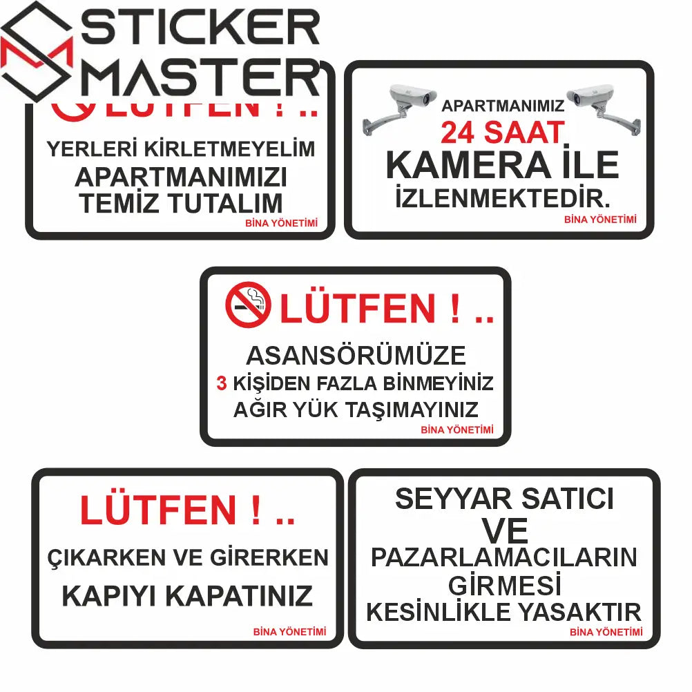 Apartman Uyarı Levhaları Seti 5 Parça Bina Yönetimi | Sticker Master Sticker Master