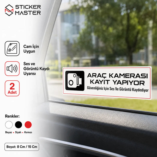 Araç Kamera Kayıt Sticker | Cam İçin Ses ve Görüntü Kaydı Uyarı Etiketi - 2 Adet detay