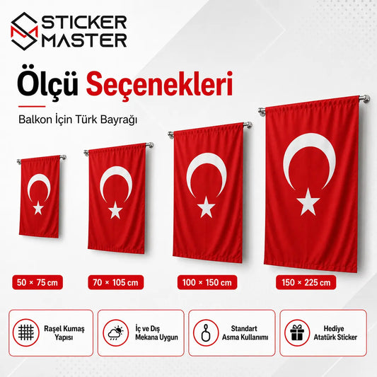 Balkon Icin Turk Bayragi – Dayanikli Bez Bayrak | Hediye Ataturk Sticker olculer