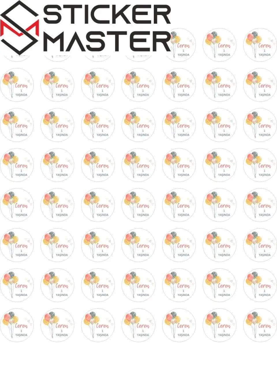 Sticker Master 1 Yaş Balonlu Sticker Balon Etiket Duvar Süsü 3 X 3 Cm 50Lı