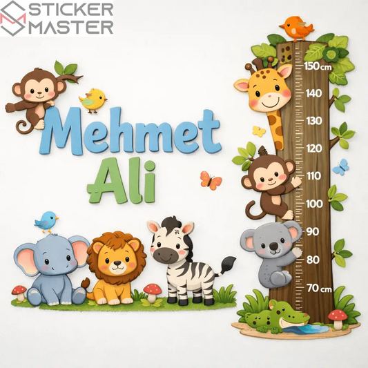 Boy Cetveli Sticker | İsimli Safari Hayvanları Çocuk Odası Decal Seti Sticker Master