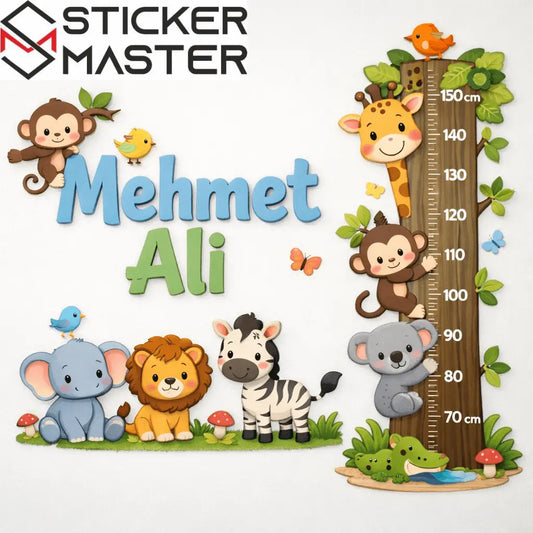 Boy Cetveli Sticker | İsimli Safari Hayvanları Çocuk Odası Decal Seti Sticker Master