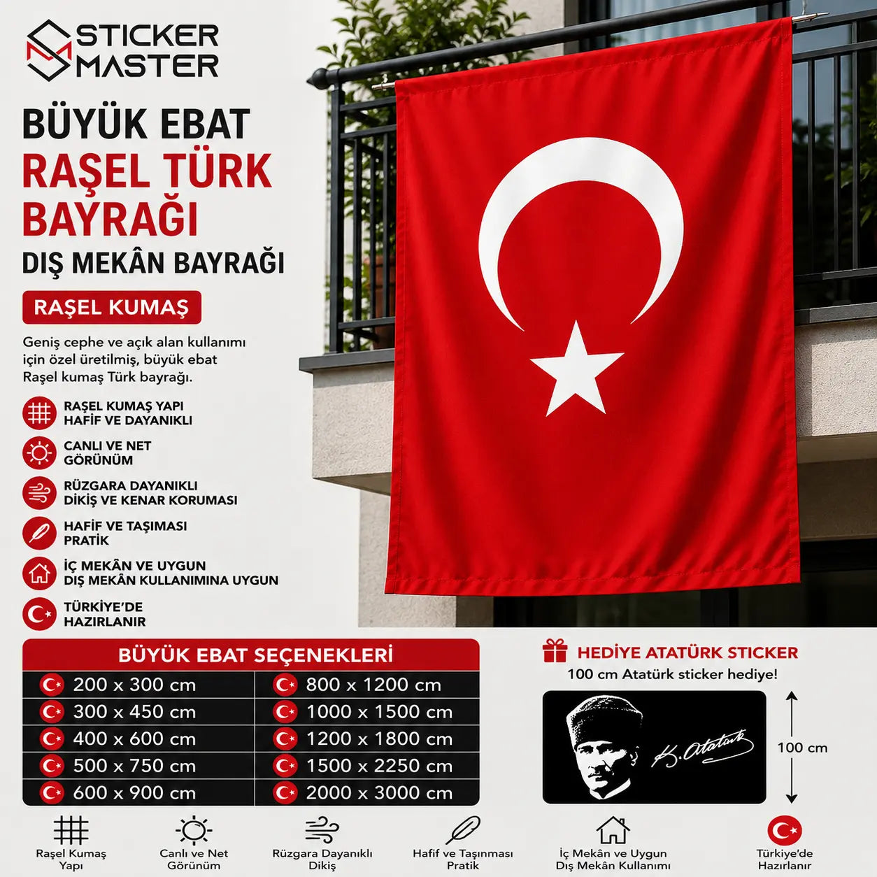 Buyuk Ebat Rasel Turk Bayragi – Dis Mekân Bayragi detaylar ve olculer