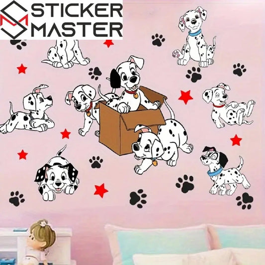 Dalmaçyalı Sticker | Kutudan Çıkan Benekli Köpekler ve Pati Dekoru (58x26 cm) - Sticker Master