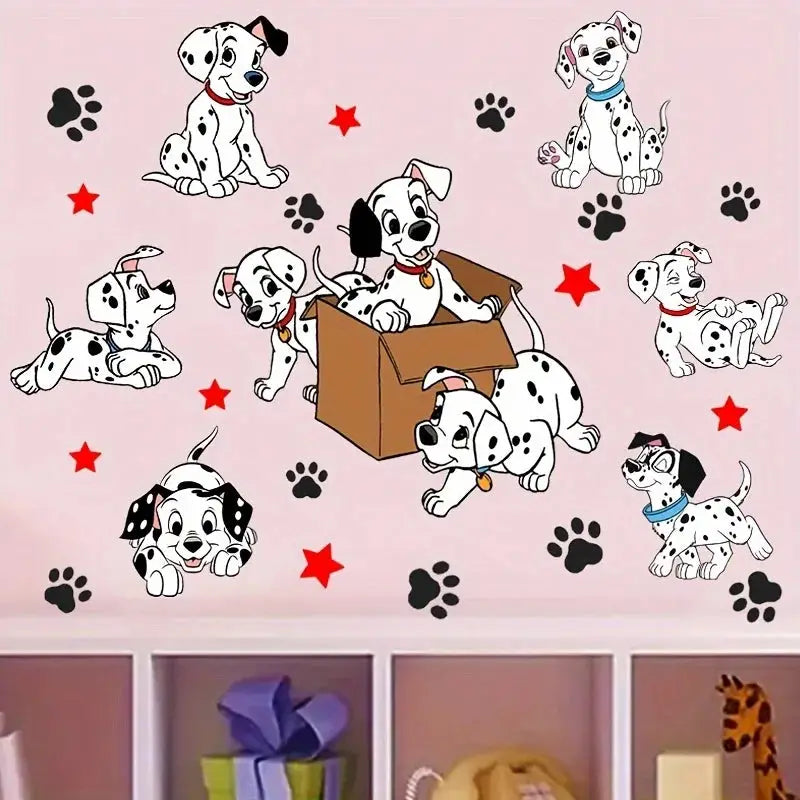 Dalmaçyalı Sticker | Kutudan Çıkan Benekli Köpekler ve Pati Dekoru (58x26 cm) - Sticker Master