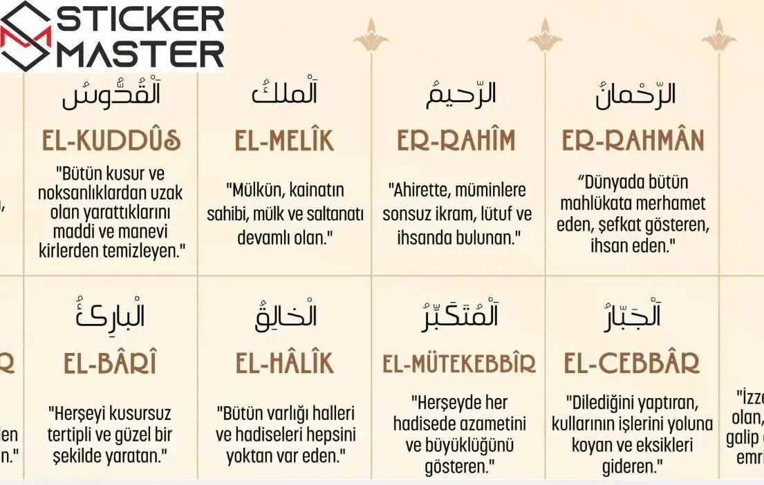 Sticker Master Esmaül Hüsna Çerçeveli 10x15 Cm, 21x30 Cm, 30x40 Cm Poster Tablo | 99 İsim ile Manevi