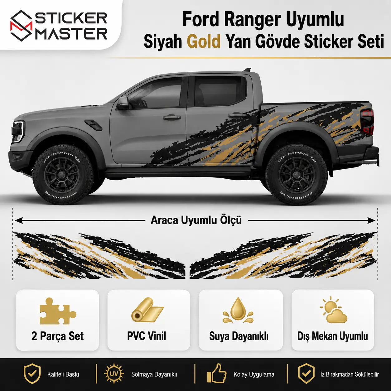 Ford Ranger Uyumlu Siyah Gold Yan Gövde Sticker Seti aciklama
