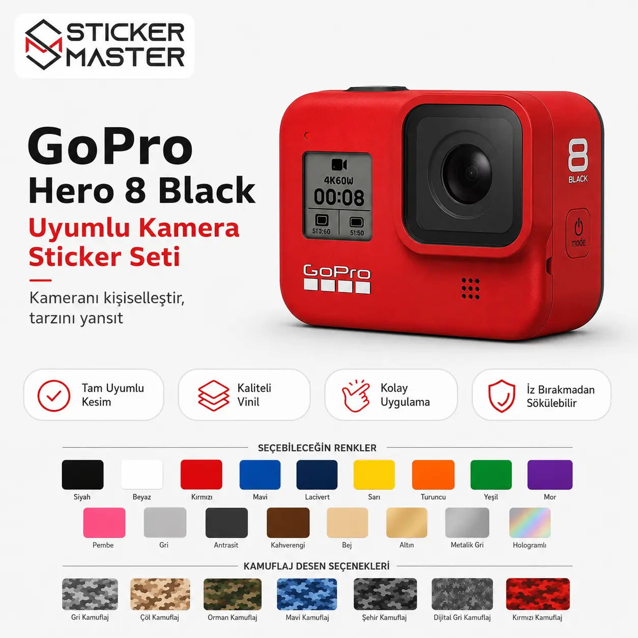GoPro Hero 8 Black Uyumlu Kamera Sticker Seti renkler ve detaylar