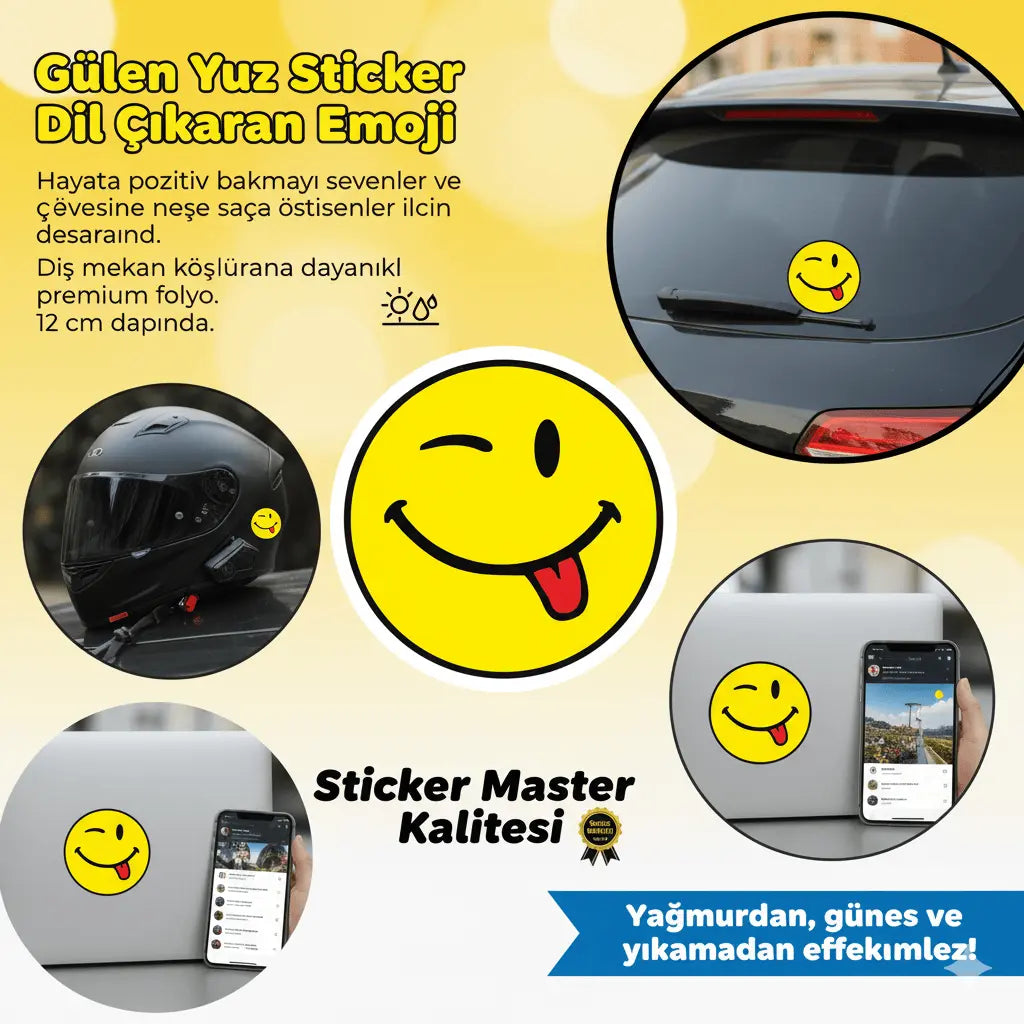 Gülen Yüz Sticker Dil Çıkaran Emoji 12cm | Sticker Master - Sticker Master