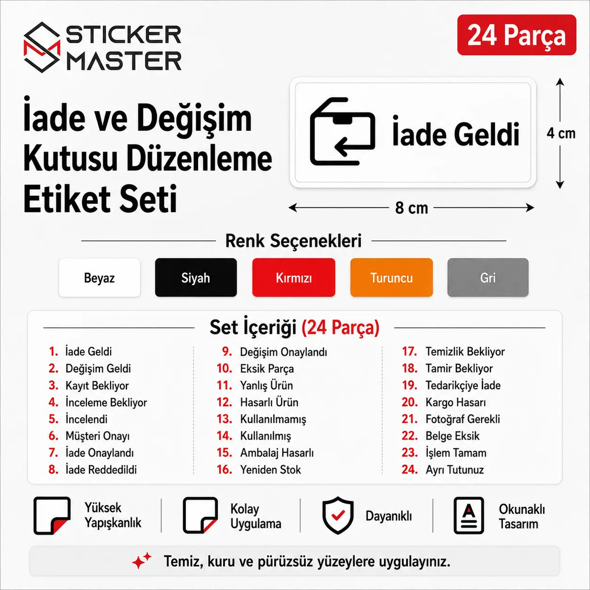 Iade ve Degisim Kutusu Duzenleme Etiket Seti 24 Parca icerik