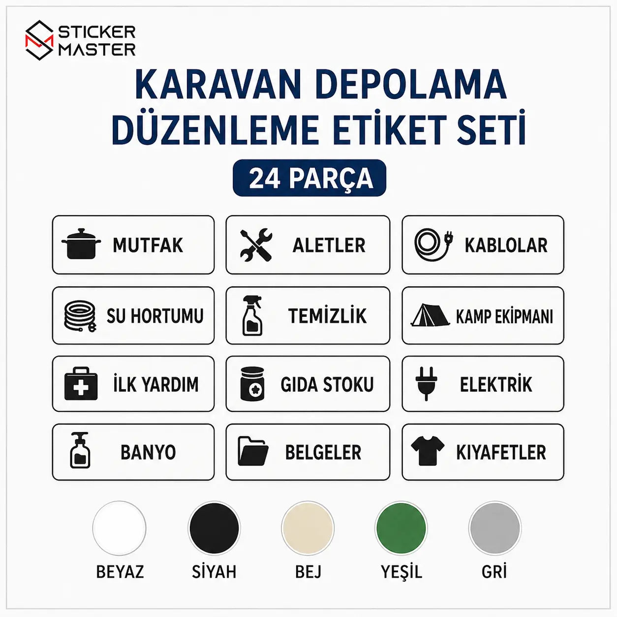 Karavan Depolama Duzenleme Etiket Seti 24 Parca icerik