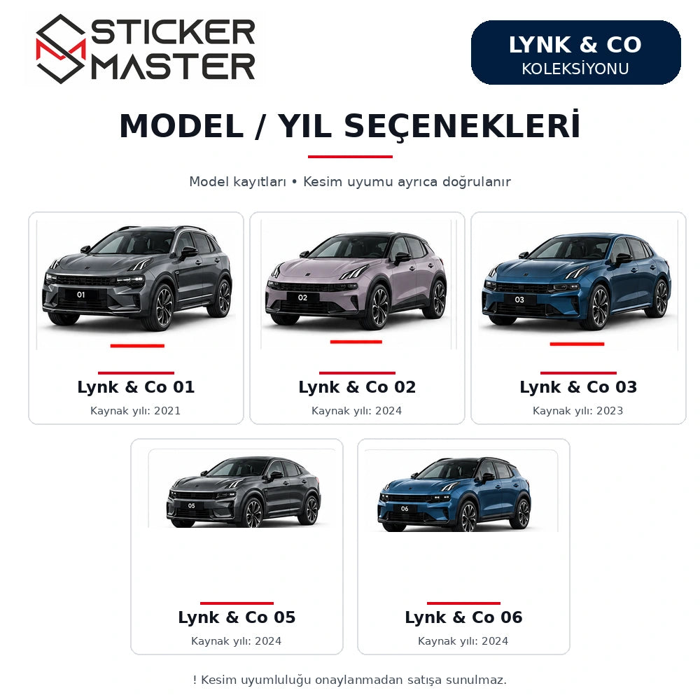 Lynk & Co 01, 02, 03, 05, 06 resmi model kaydı yılları; B sütunu kesim uyumluluğu teyit gerektirir