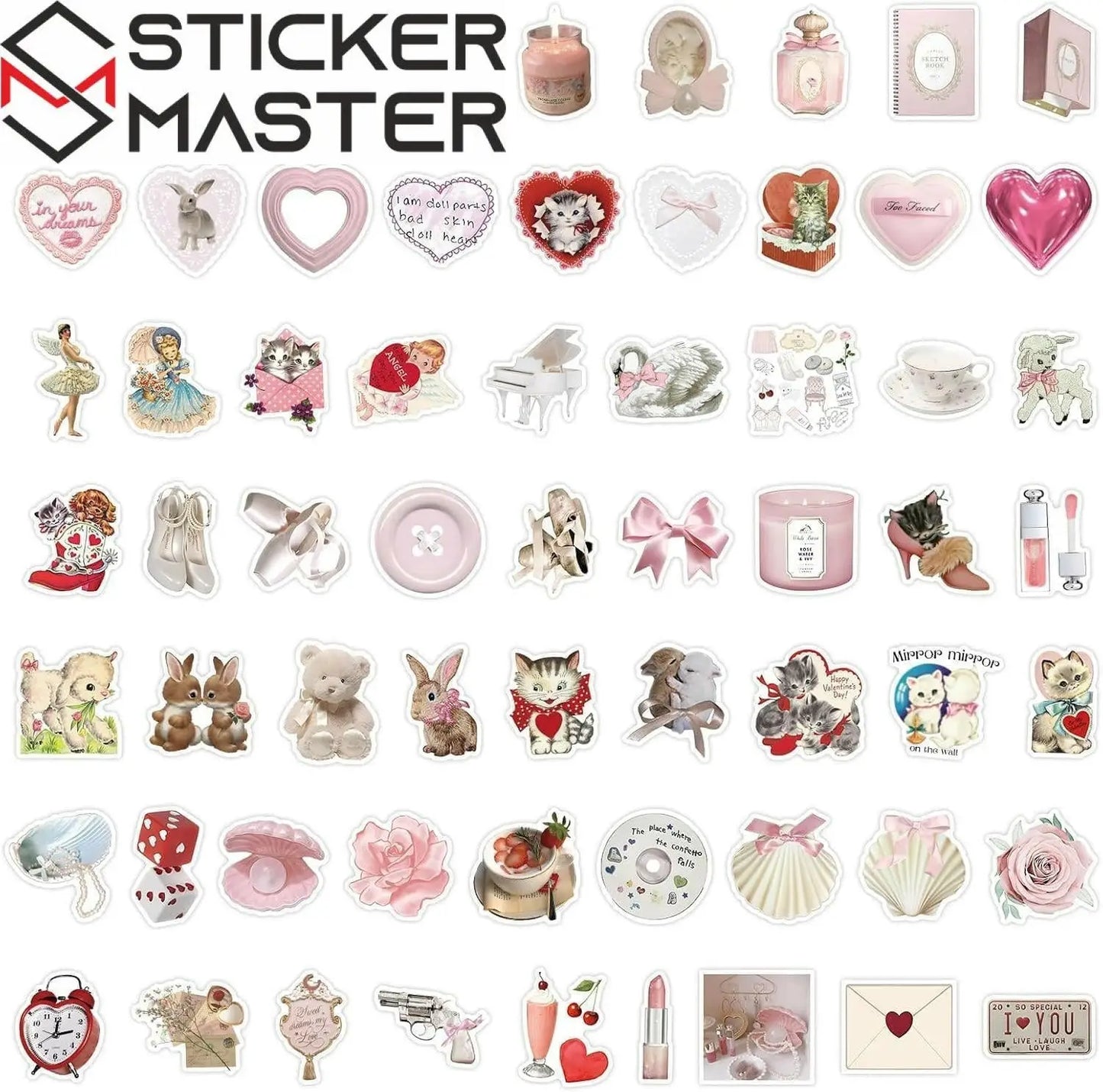 Sticker Master Vintage Pembe Estetik Kolaj Çıkartma Seti - 60 Parça, Su Geçirmez | Sevgililer Günü Temalı - Sticker Master