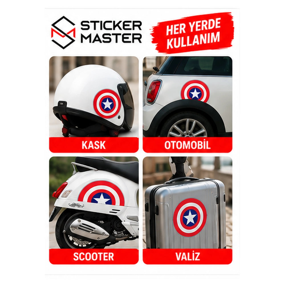 Yıldızlı yarım yuvarlak sticker kask otomobil scooter ve valiz kullanım örnekleri