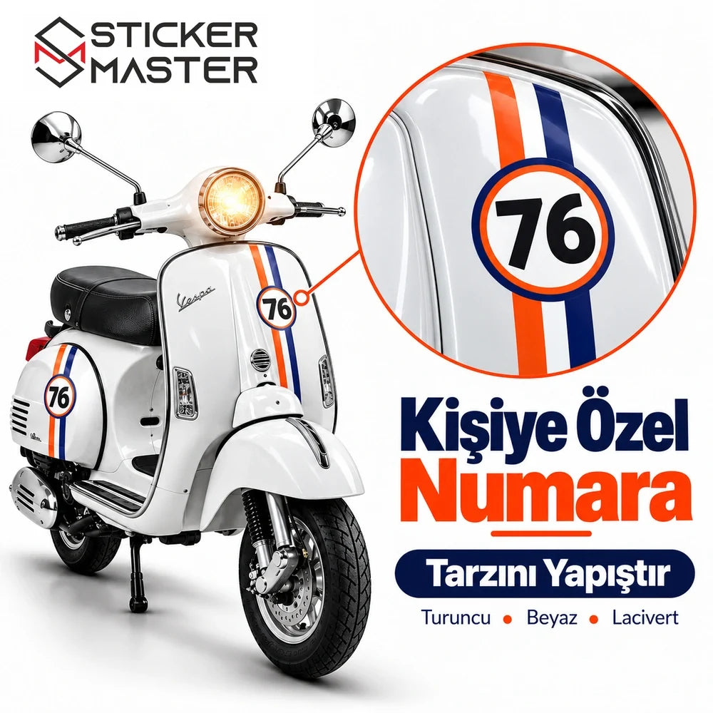 Vespa yarış stili turuncu beyaz lacivert şerit kişiye özel numara yakın plan