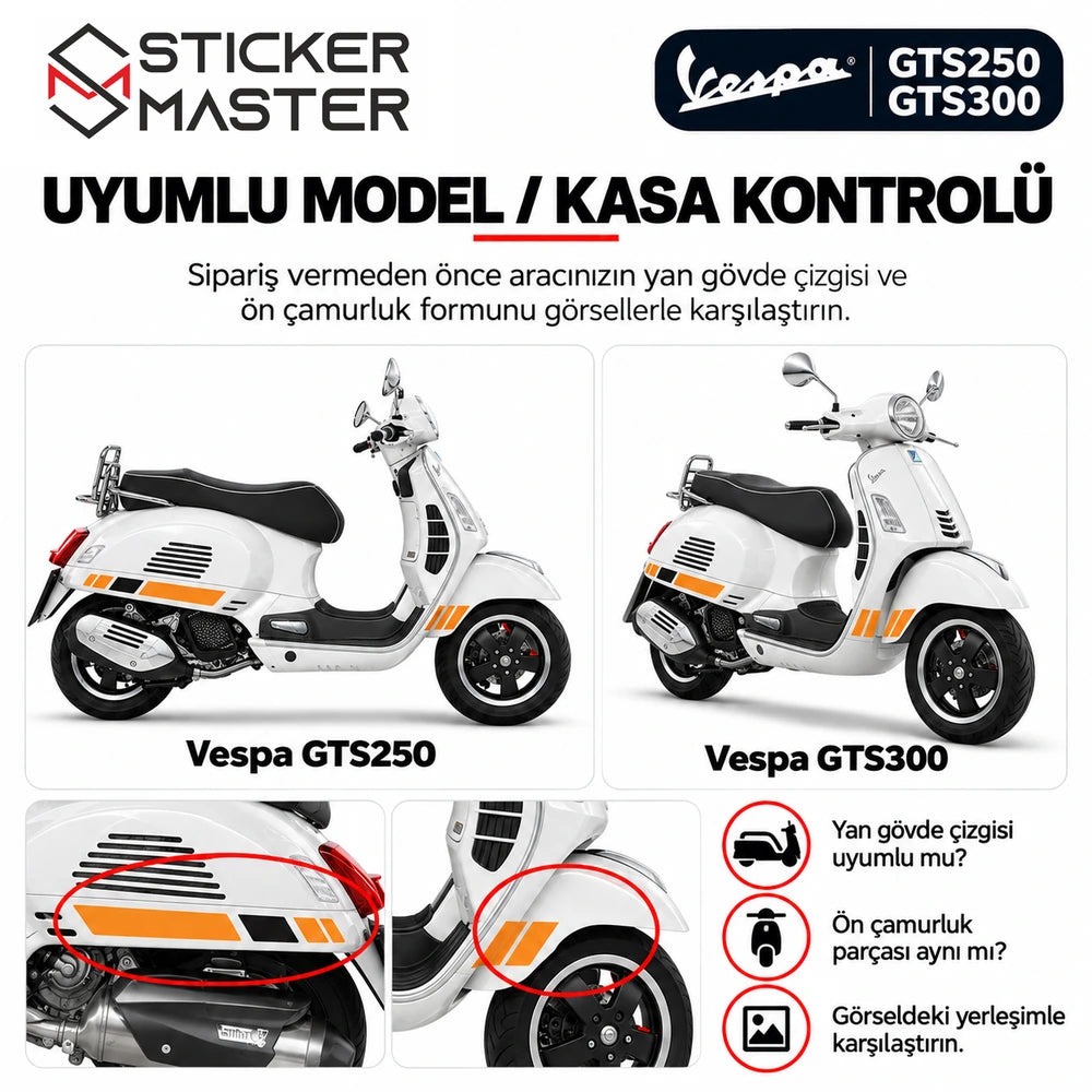 Vespa GTS250 GTS300 yan çıta sticker için model ve kasa kontrolü