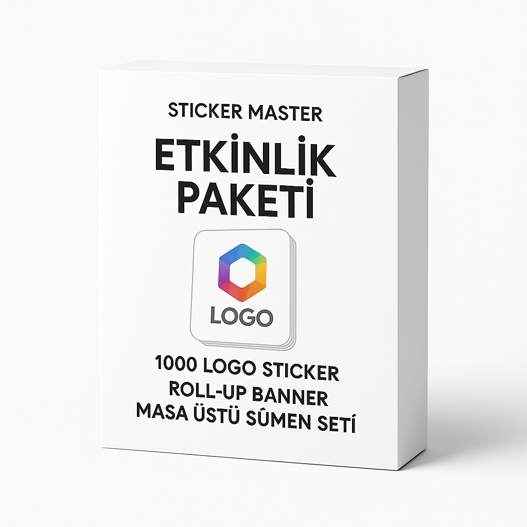 Sticker Master – Etkinlik Paketi: 1000 Logo Sticker + Roll-up Banner + Masa Üstü Sümen Seti