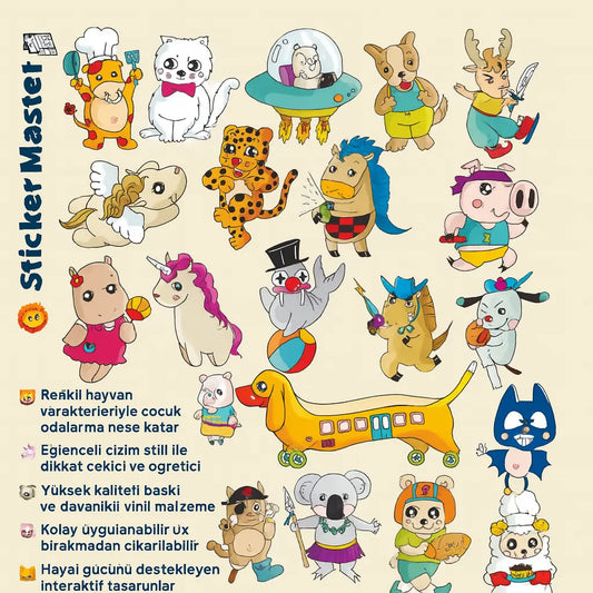 Sticker Master Hayvanlar Çocuk Odası Sticker | Renkli ve Eğlenceli Karakterler Sticker Master