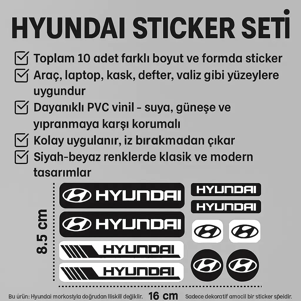 Sticker Master Hyundai Sticker Seti – 10 Parça Farklı Boyutlarda Dekoratif Etiket Sticker Master