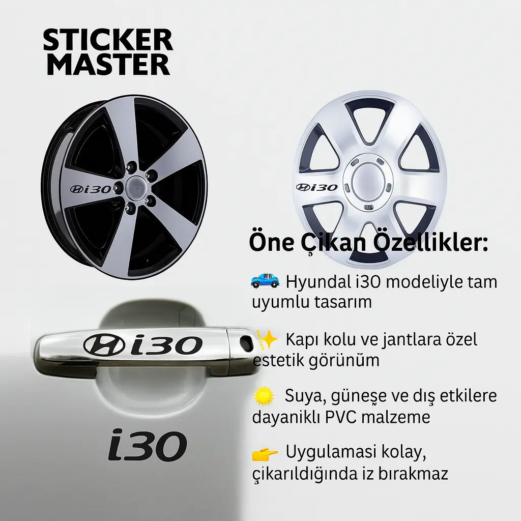 Sticker Master Hyundai i30 Kapı Kolu ve Jant Sticker Seti – 10 Adet Sticker Master