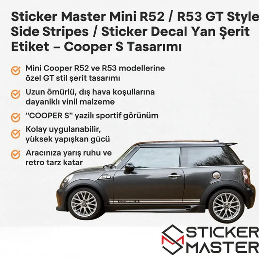 Sticker Master Kişiye Özel Mini R52 / R53 GT Style Side Stripes / Sticker Decal Yan Şerit Etiket – Cooper S Tasarımı Sticker Master