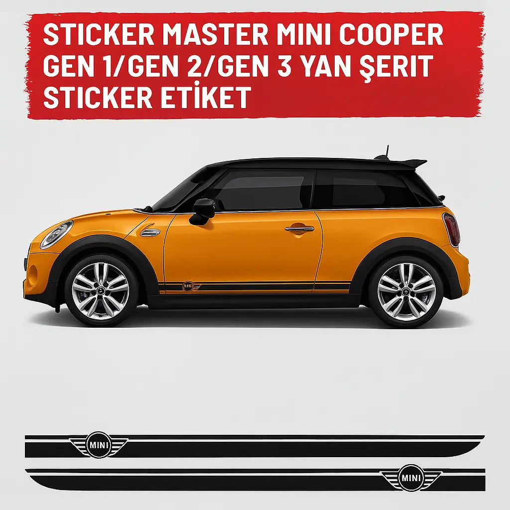 Sticker Master Mini Cooper Gen 1 / Gen 2 / Gen 3 Yan Şerit Sticker Etiket – Sağ ve Sol Takım Sticker Master