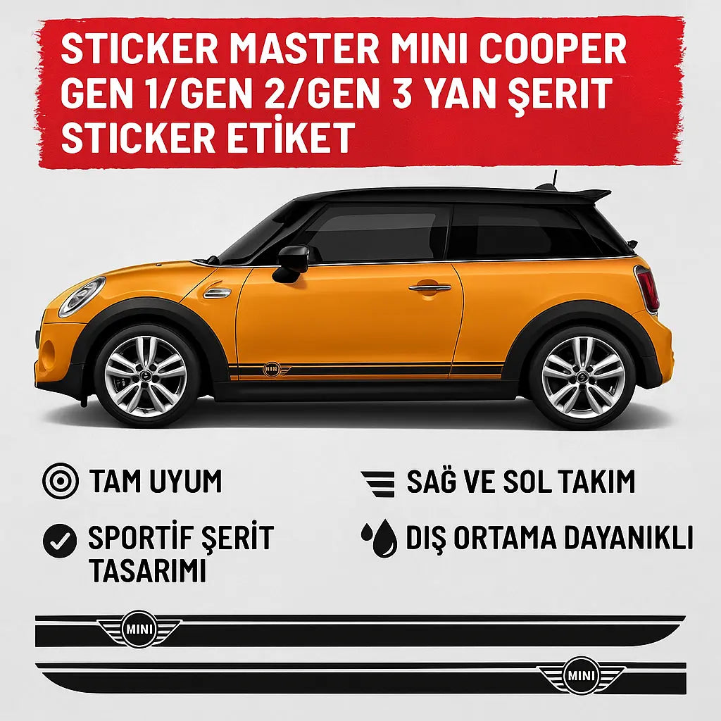 Sticker Master Mini Cooper Gen 1 / Gen 2 / Gen 3 Yan Şerit Sticker Etiket – Sağ ve Sol Takım Sticker Master