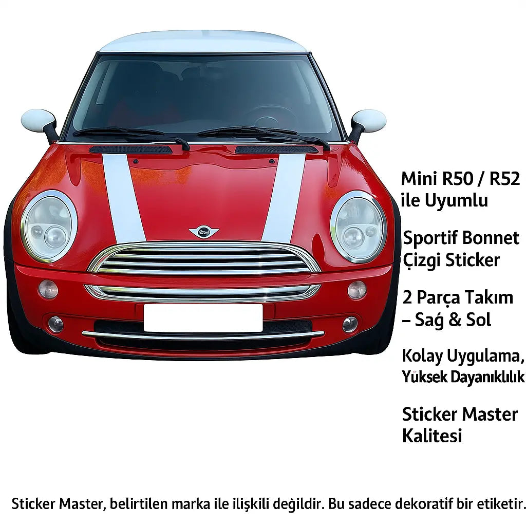 Sticker Master Mini R50 / R52 Cooper Bonnet Stripes Ön Şerit Sticker Etiket - 2 Parça Sticker Master
