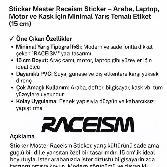 Sticker Master Raceism Sticker - Araba, Laptop, Motor ve Kask İçin Minimal Yarış Temalı Etiket (15 cm) Sticker Master