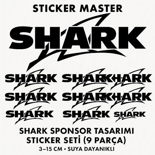 Sticker Master SHARK Sponsor Sticker Seti – 9 Parça Siyah Logo Etiket Sticker Master
