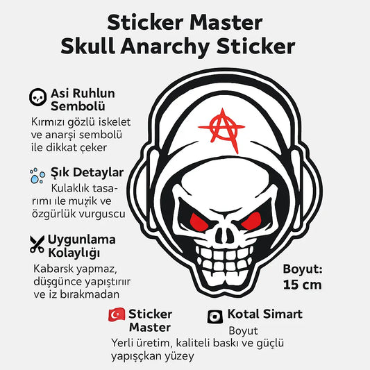 Sticker Master Skull Anarchy Sticker - Motor, Laptop, Kask, Araba Camı İçin Asi Tasarım Etiket - 15 Cm Sticker Master