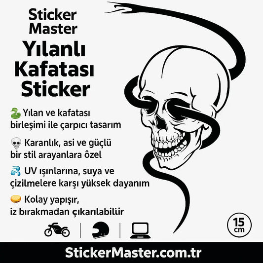 Sticker Master Yılanlı Kafatası Sticker - Motor, Kask, Laptop, Araba ve Oto Araç İçin Dayanıklı Etiket (15 cm) Sticker Master
