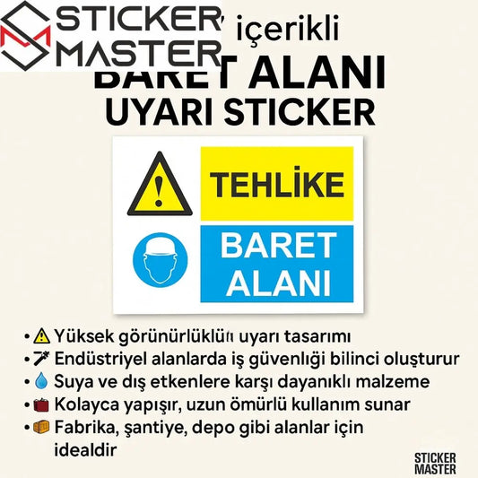 Sticker Master Tehlike Baret Alanı Uyarı Stickerı 12x17 cm – İş Güvenliği Etiketi - Sticker Master