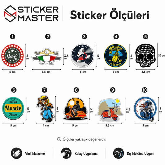 Vespa Uyumlu Küçük Boy 10lu Sticker Seti-002