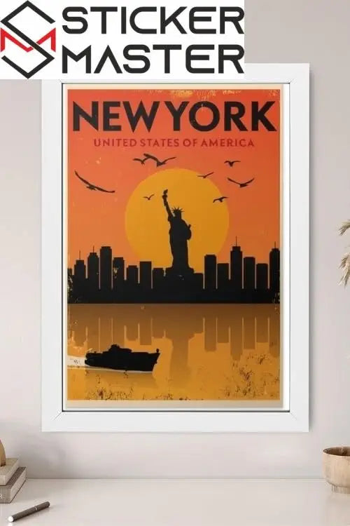 Sticker Master Vintage New York Şehir Manzarası Çerçeveli Poster, Özgürlük Heykeli ve Gün Batımı, Tu