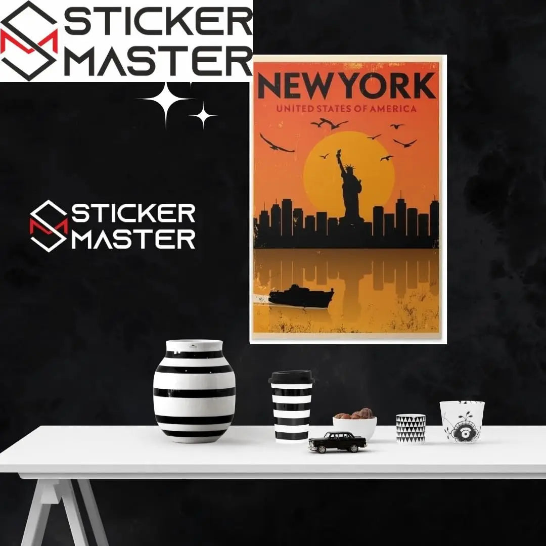 Sticker Master Vintage New York Şehir Manzarası Çerçeveli Poster, Özgürlük Heykeli ve Gün Batımı, Tu