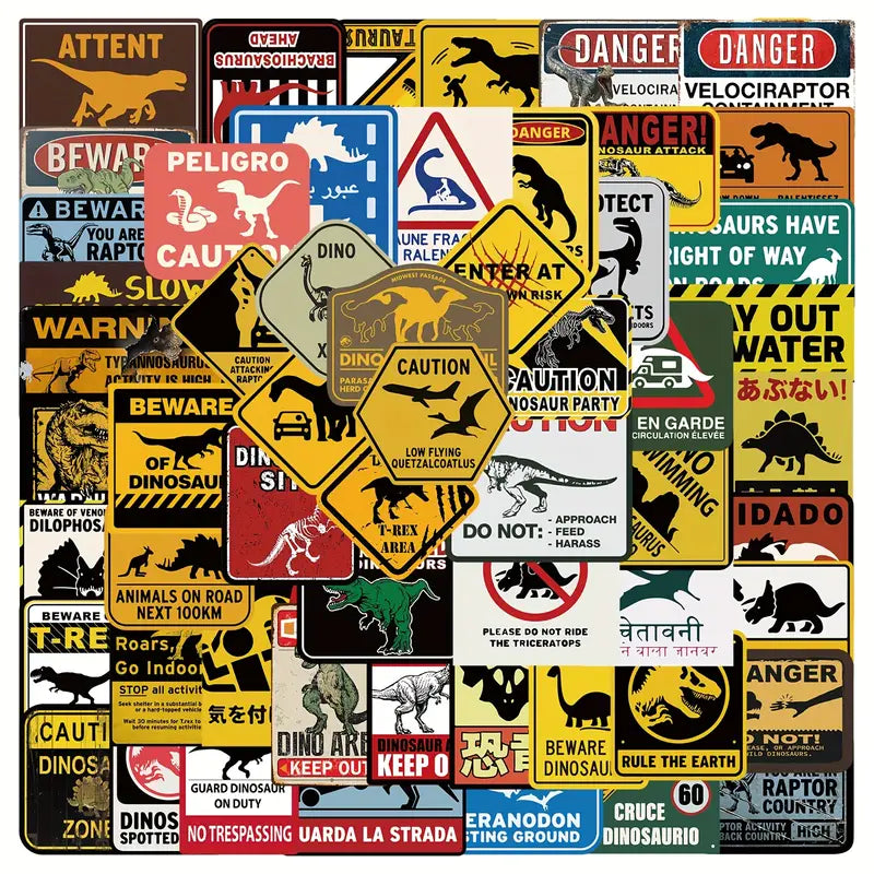 Sticker Master 60’lı Dinozor Uyarı Sticker Seti Laptop, Defter, Bavul ve Daha Fazlası İçin Renkli PVC Etiketler