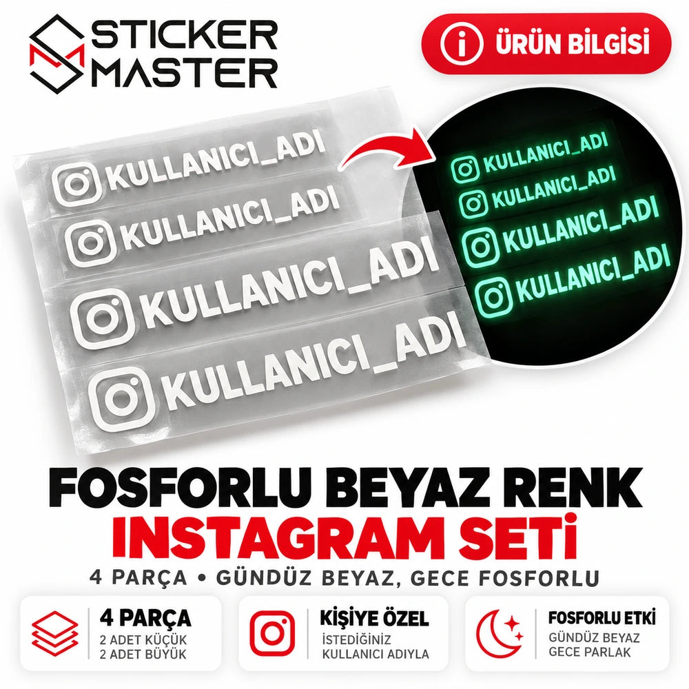 Fosforlu beyaz Instagram kullanıcı adı sticker dört parça set ürün bilgileri