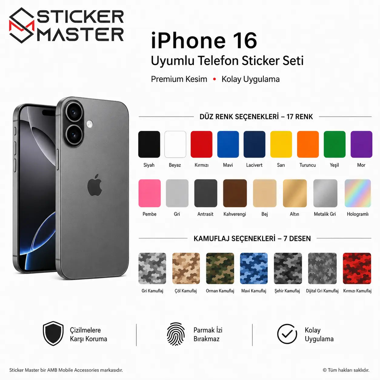 iPhone 16 Uyumlu Telefon Sticker Seti detaylar ve renkler