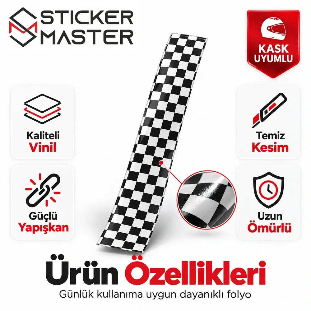 Kask uyumlu damalı sticker kaliteli vinil folyo ve temiz kesim özellikleri