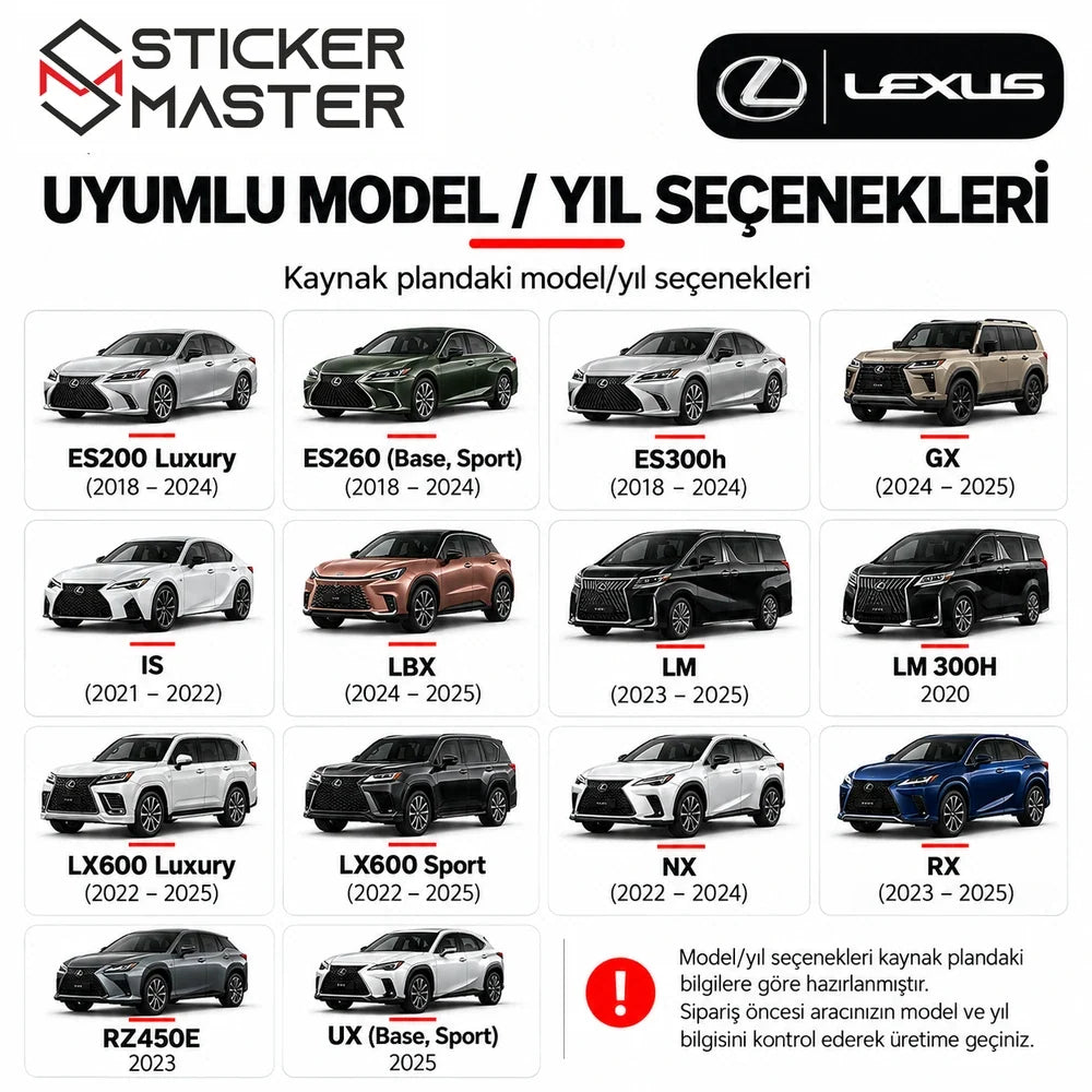 Lexus kapı direği sticker seti 14 Lexus model ve yıl seçeneği