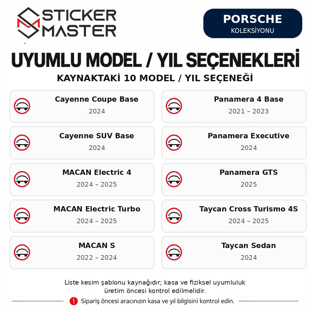 Porsche Cayenne Macan Panamera Taycan için 10 kaynak model/yıl seçeneği