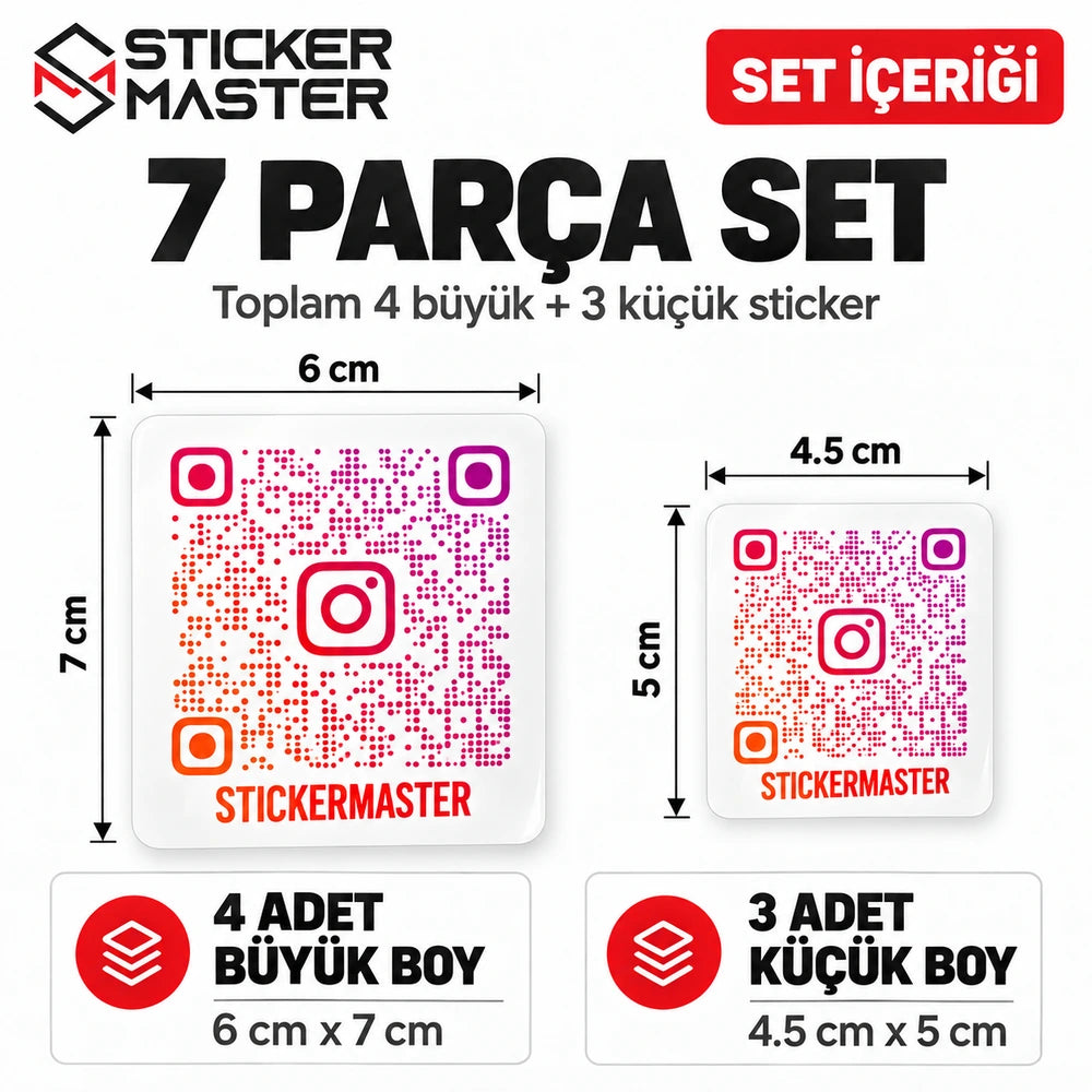 QR Instagram Sticker 7 Parça Set | 7 parça paket içeriği ve ölçü karşılaştırması